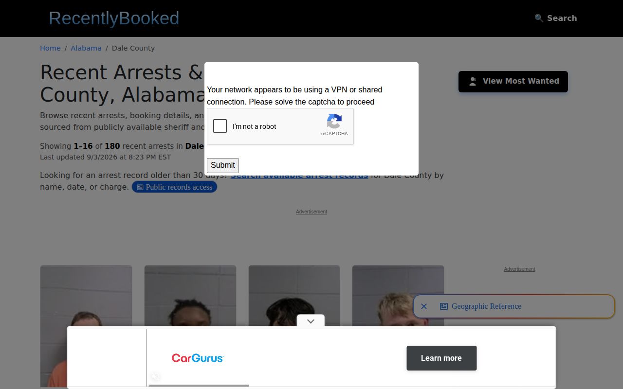 Unofficial Dale County recent booking page with rolling date window