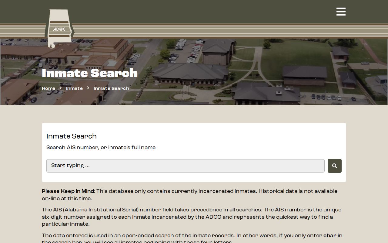 Alabama Department of Corrections inmate search page showing the state custody lookup boundary