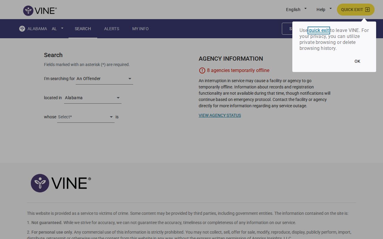 Dale County VINELink custody and arrest search screen